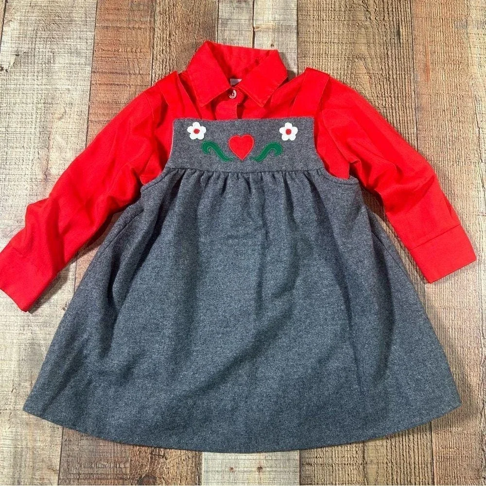 Vintage 70s Folk Jumper Dress Set Red Shirt Heart Flower Applique 4T Girls